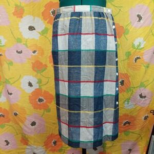 Vintage 80s Personal Petites Plaid Button Side Midi Skirt Blue Red Yellow Small